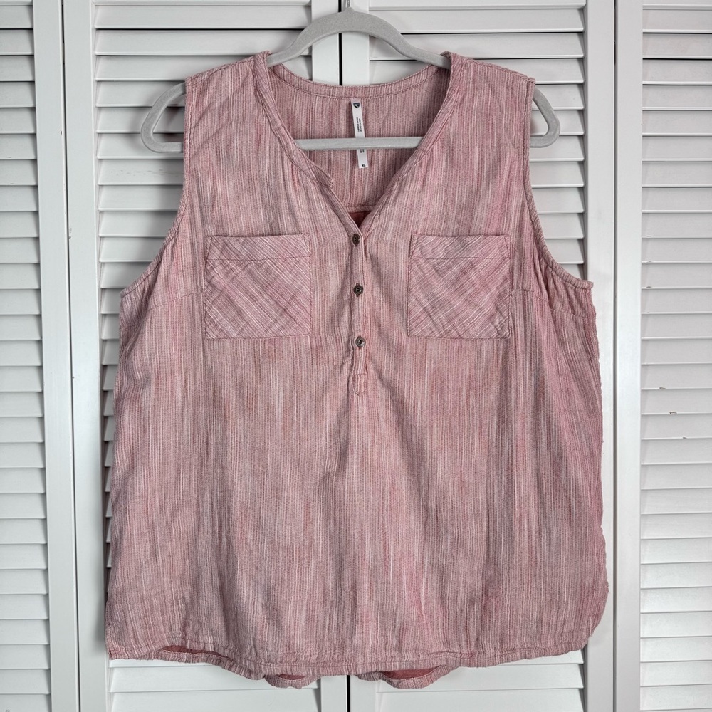 KUHL Riviera Henley Sleeveless Top Tuscany Red Stripe Hiking Outdoor Gorpcore XL